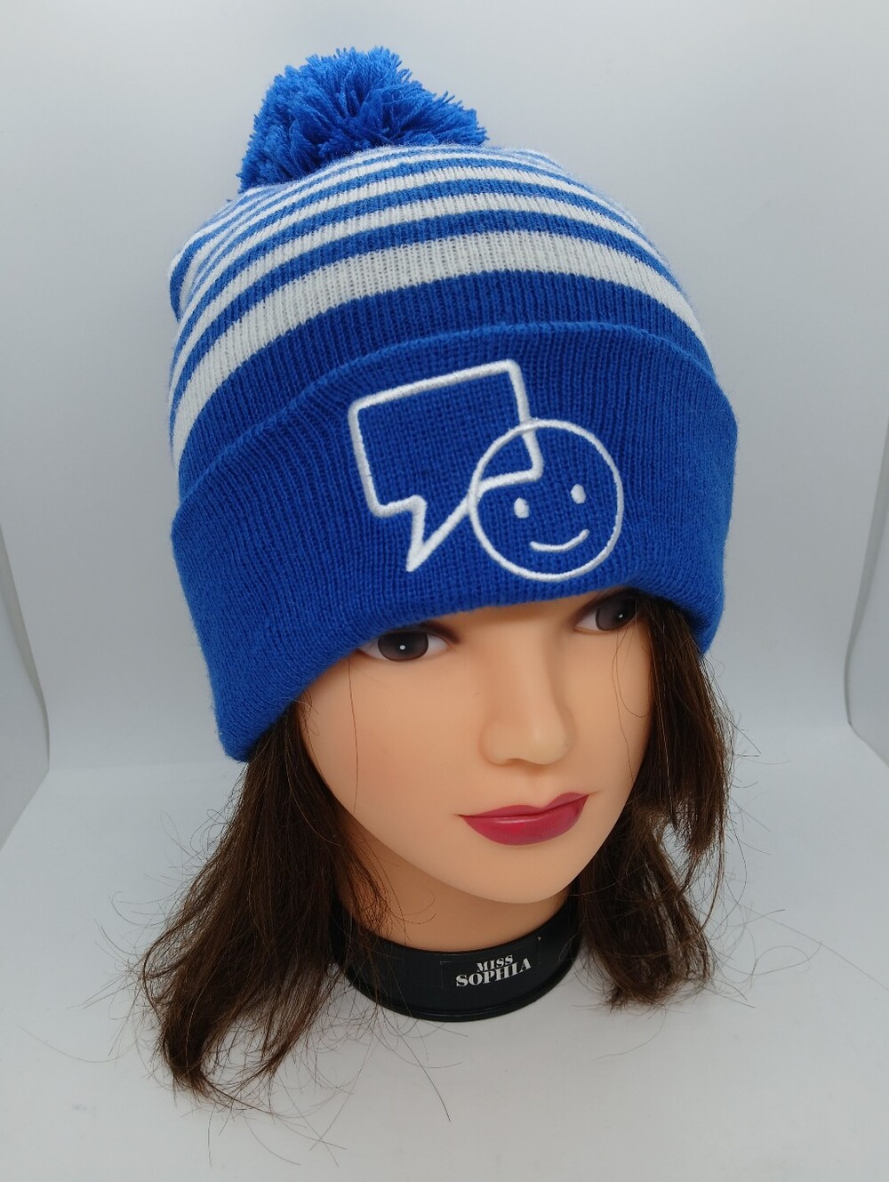 Bell Let's Talk Day Blue White Striped Pom Pom Toque Beanie Hat OSFA Unisex NEW